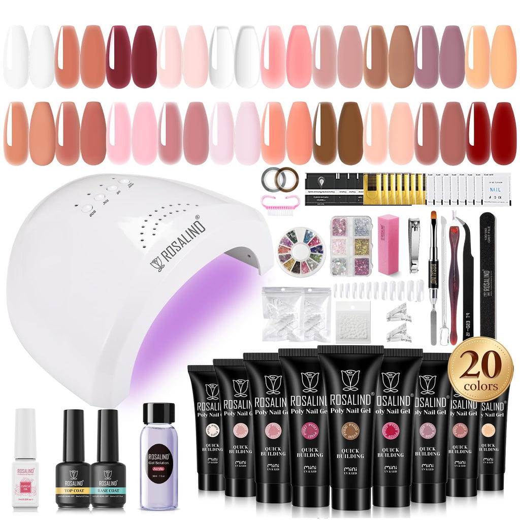 ROSALIND Poly Nail Gel Kit – 20 Colors + 72-Piece Nail Art Accessories Set with 48W Lamp
