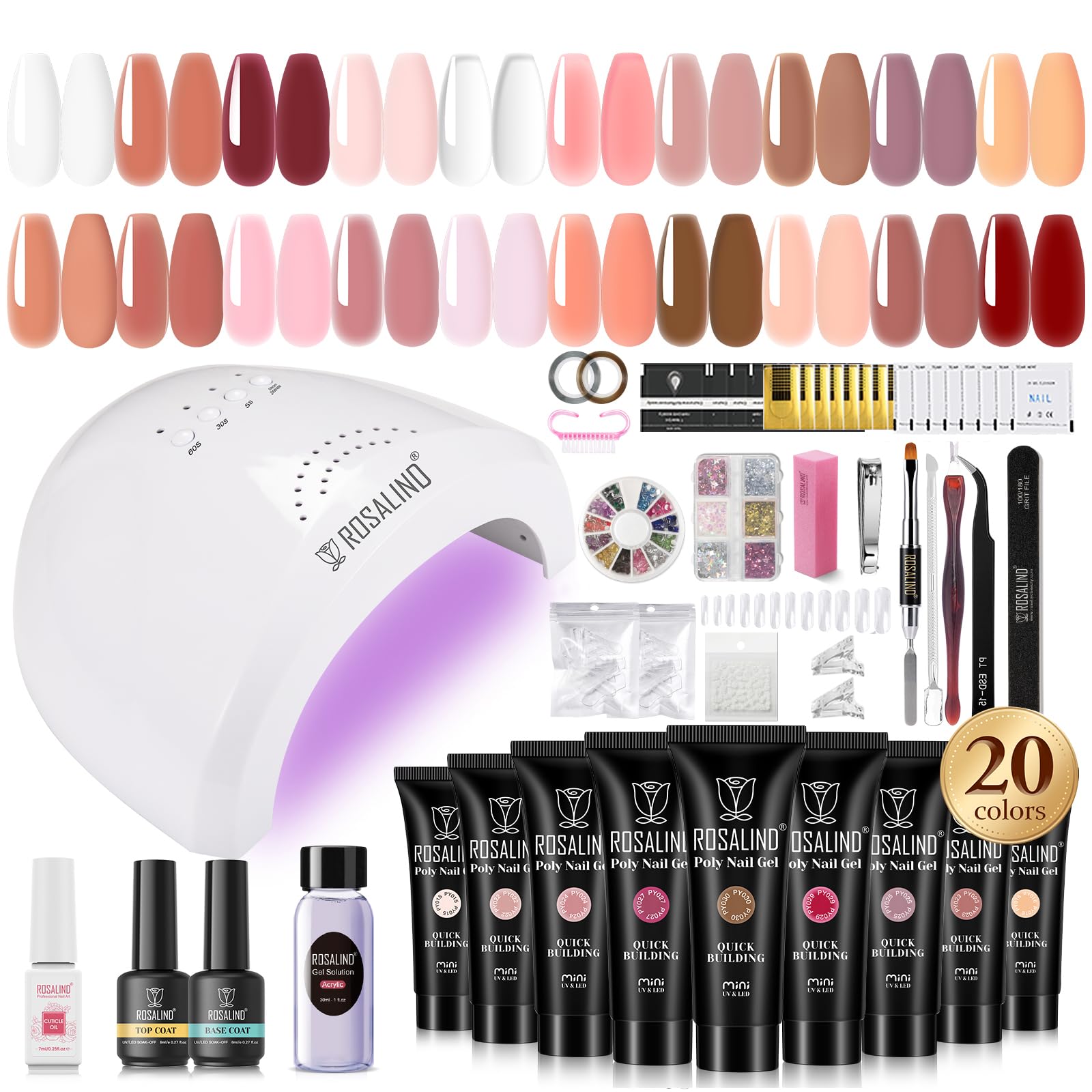 ROSALIND Poly Nail Gel Kit – 20 Colors + 72-Piece Nail Art Accessories Set with 48W Lamp
