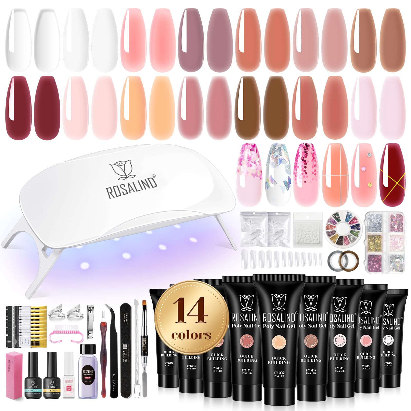 ROSALIND Poly Nail Gel Kit – 14 Colors, 72 Nail Art Accessories, Mini UV Lamp Starter Kit