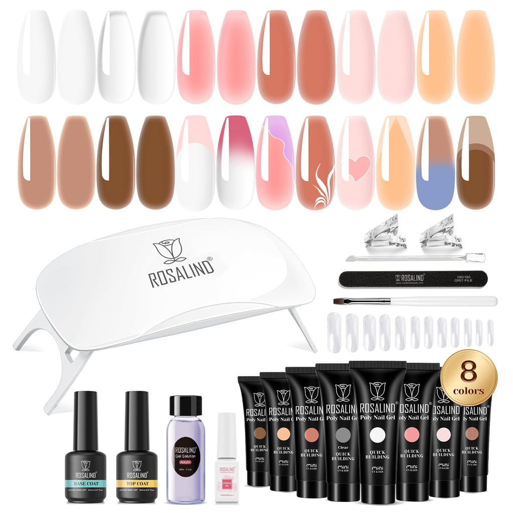 ROSALIND Poly Nail Gel Kit – 8 Colors + Mini UV Lamp for Easy At-Home Nail Extensions