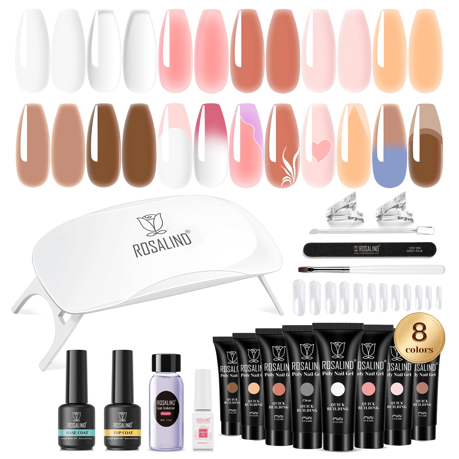ROSALIND Poly Nail Gel Kit – 8 Colors + Mini UV Lamp for Easy At-Home Nail Extensions