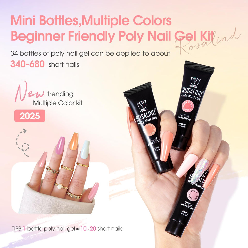 ROSALIND Colorful Poly Nail Gel Kit – 34 Colors + Neon Accessories + Mini UV Lamp