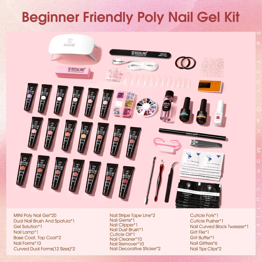ROSALIND Poly Nail Gel Kit – 20 Colors + 76 Accessories, Starter Kit with Mini UV Lamp