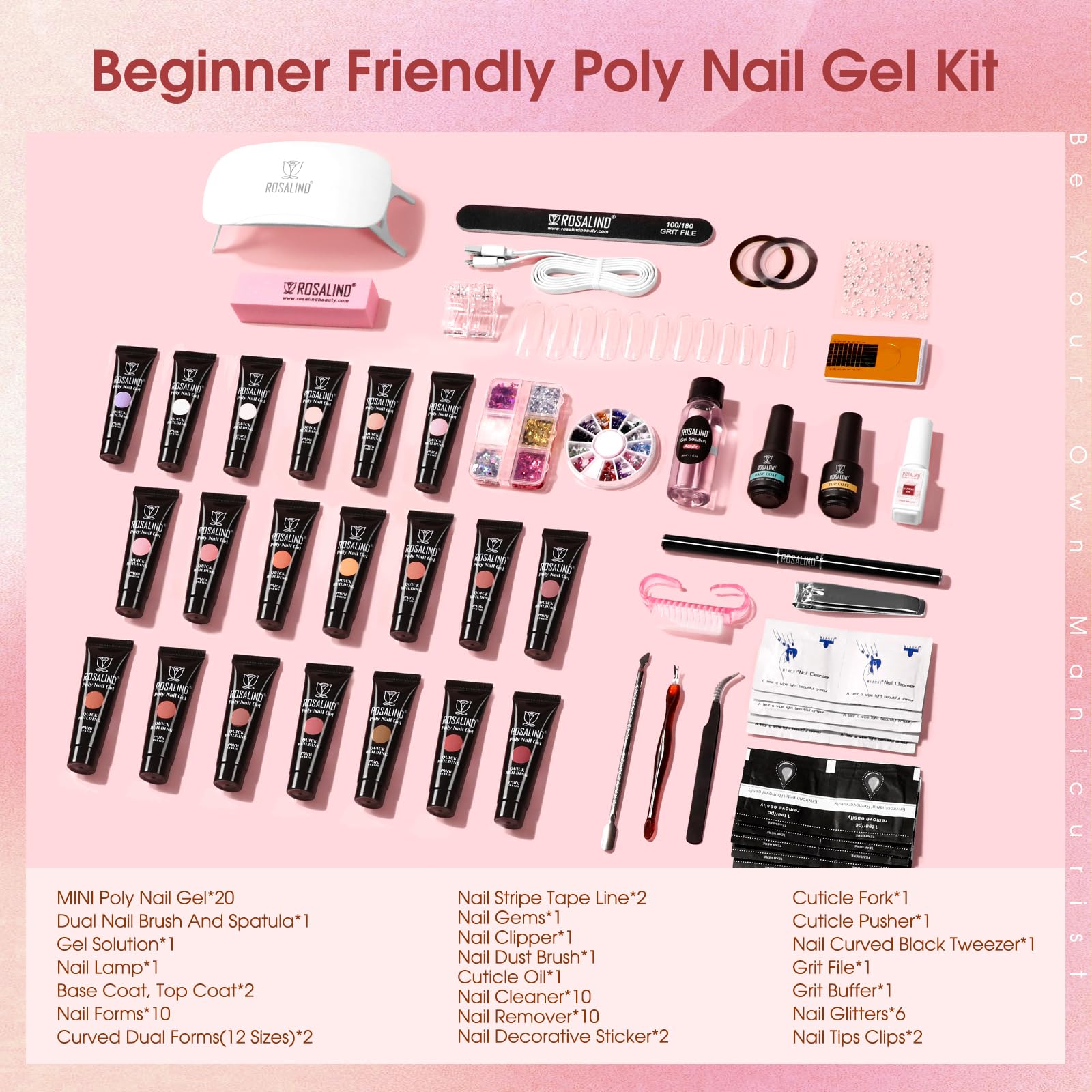 ROSALIND Poly Nail Gel Kit – 20 Colors + 76 Accessories, Starter Kit with Mini UV Lamp