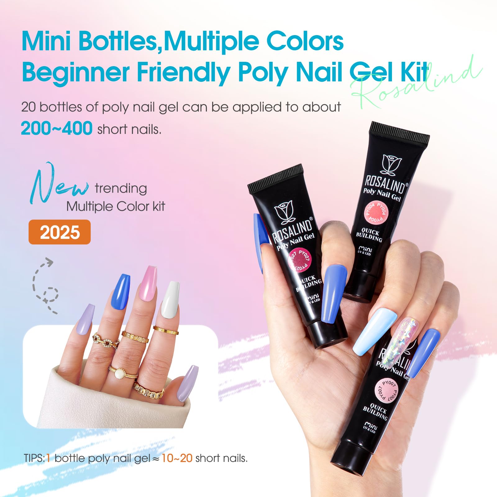 ROSALIND 20 Colors Poly Nail Gel Kit with Mini Lamp – All-Season Starter Set