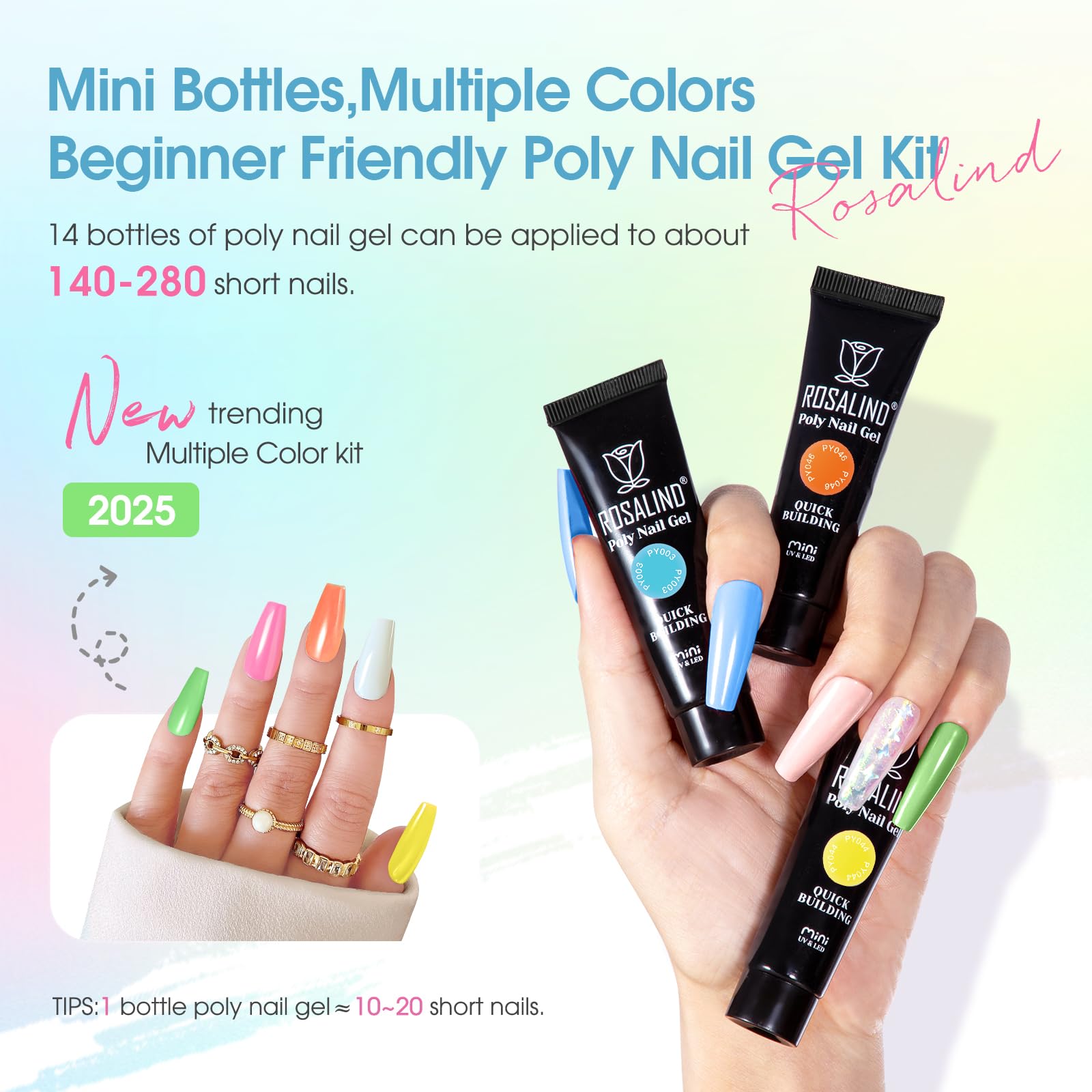ROSALIND Colors Poly Nail Gel Kit – 14 Colors, 48W Lamp & Slip Solution Starter Set