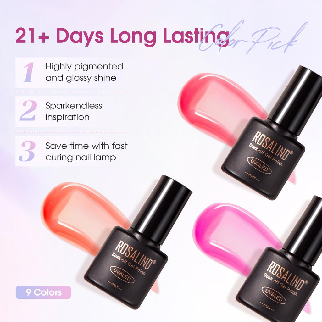 ROSALIND 14-Piece Gel Nail Polish Kit with Mini UV Lamp – 9 Colors, Base Coat, Glossy & Matte Top Coats