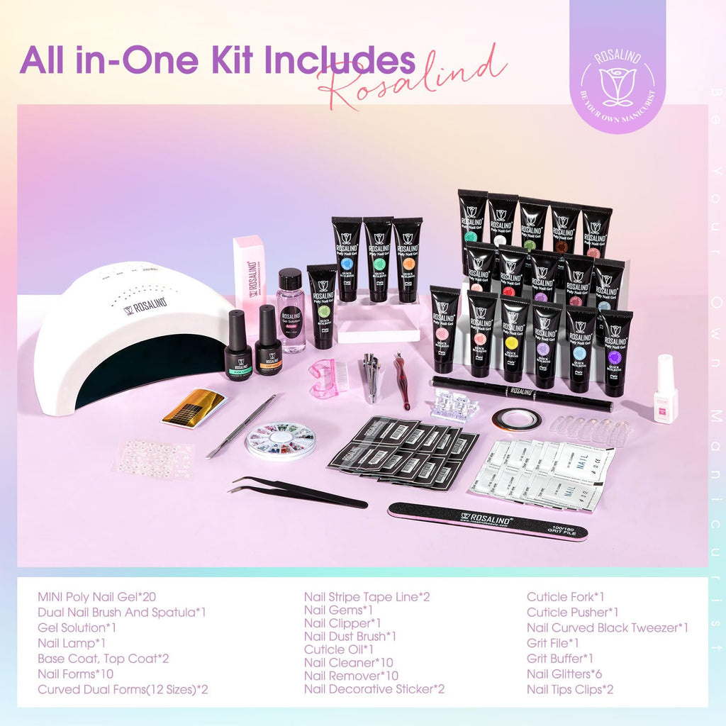ROSALIND 20-Color Poly Nail Gel Kit with UV Lamp & Drill – Neon Starter Set