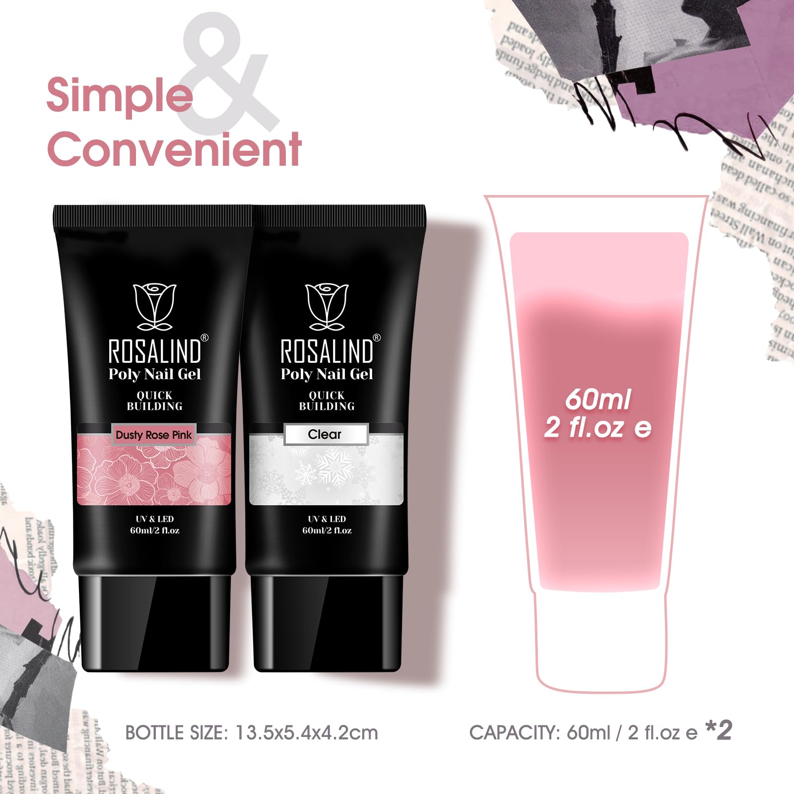 ROSALIND Clear Rose Pink Poly Nail Gel Set – 2 x 60ml for DIY Nail Extensions