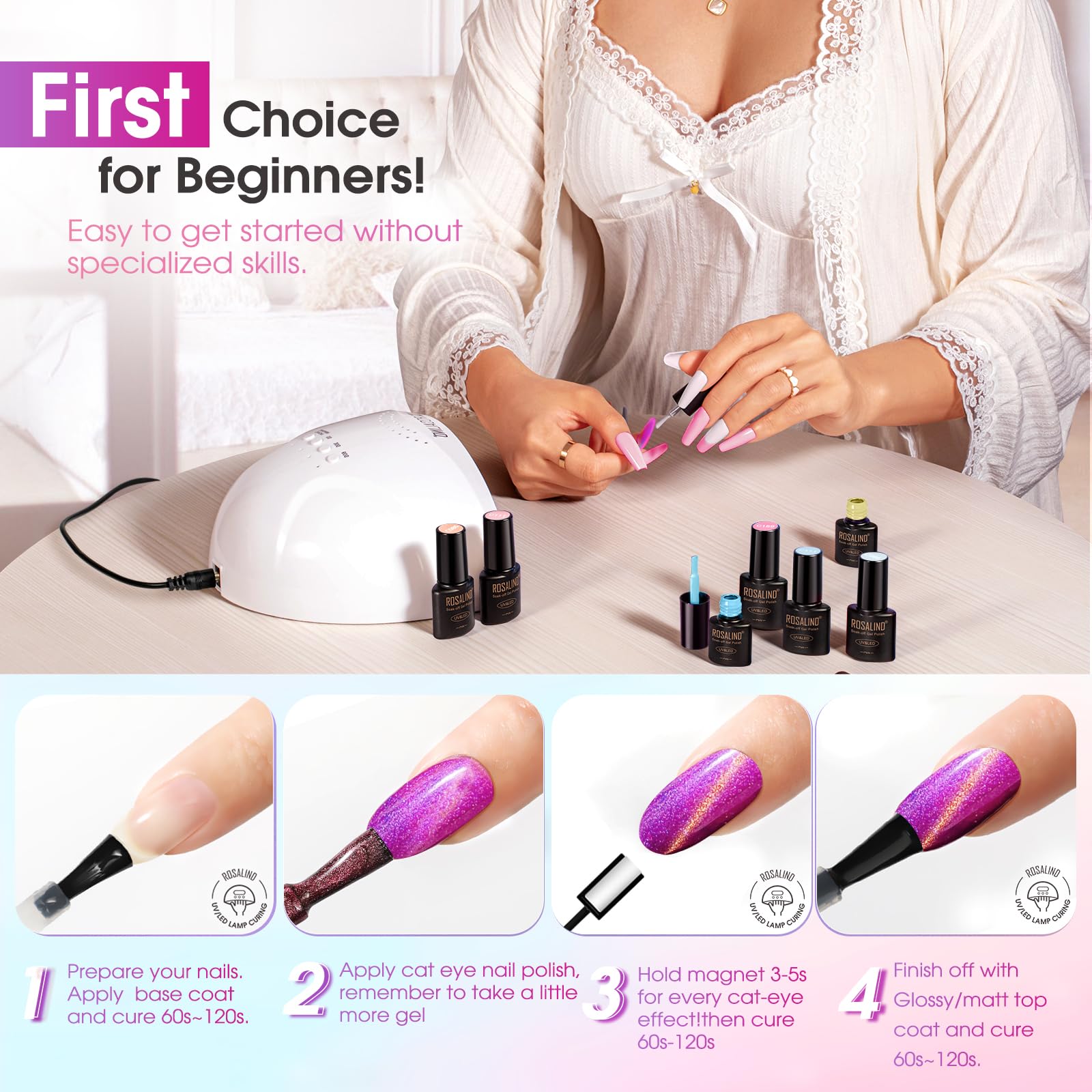 ROSALIND Gold Glitter Cat Eye Gel Polish – 8 Magnetic Colors with Magnet, Soak Off UV Gels