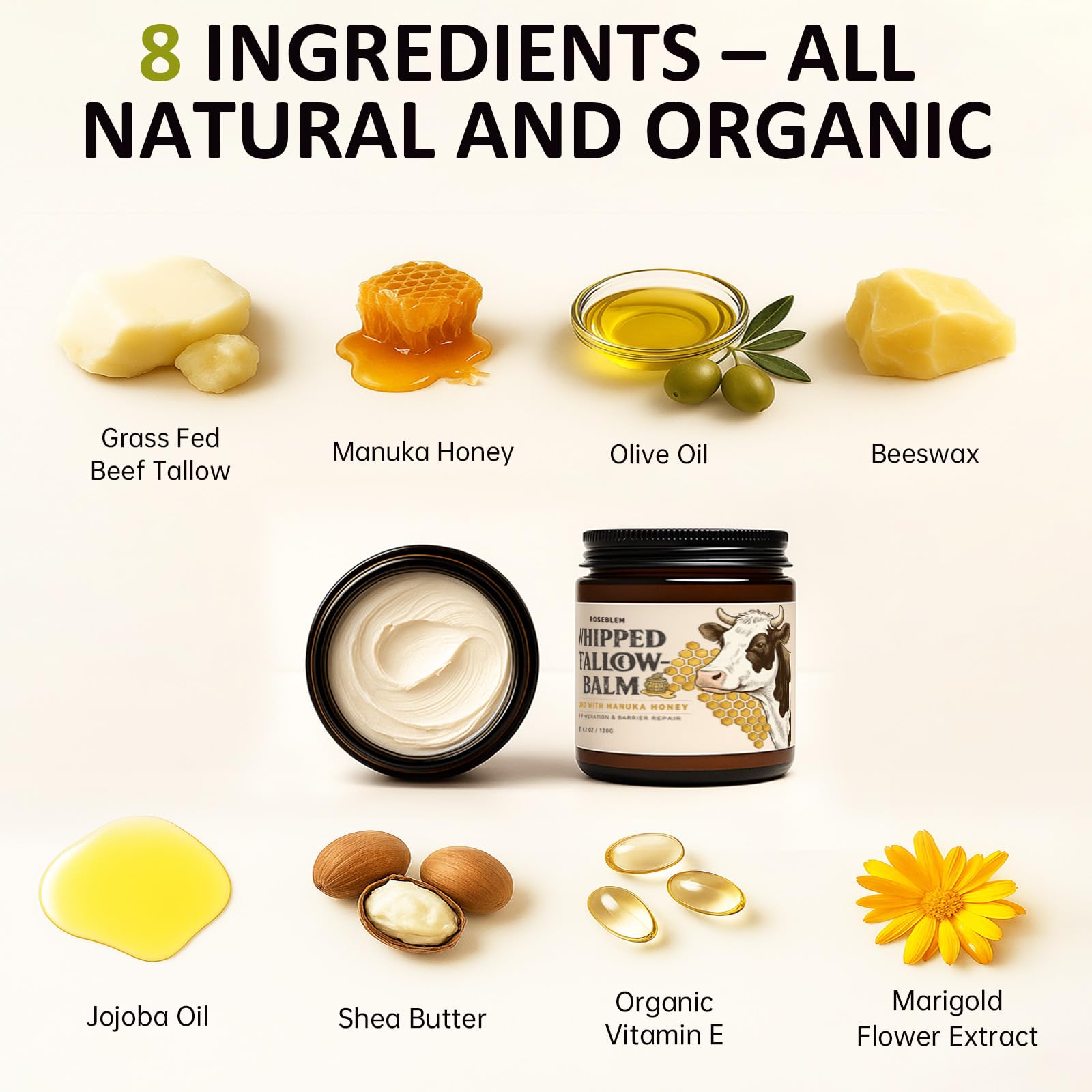 Roseblem Whipped Tallow Balm for Face & Body – 100% Grass-Fed Tallow, Manuka Honey & Beeswax (4.2 oz)