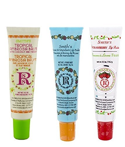 Rosebud Perfume Co. Tube 3 Pack – Tropical Ambrosia Balm, Rose & Mandarin Lip Balm, Strawberry Lip Balm