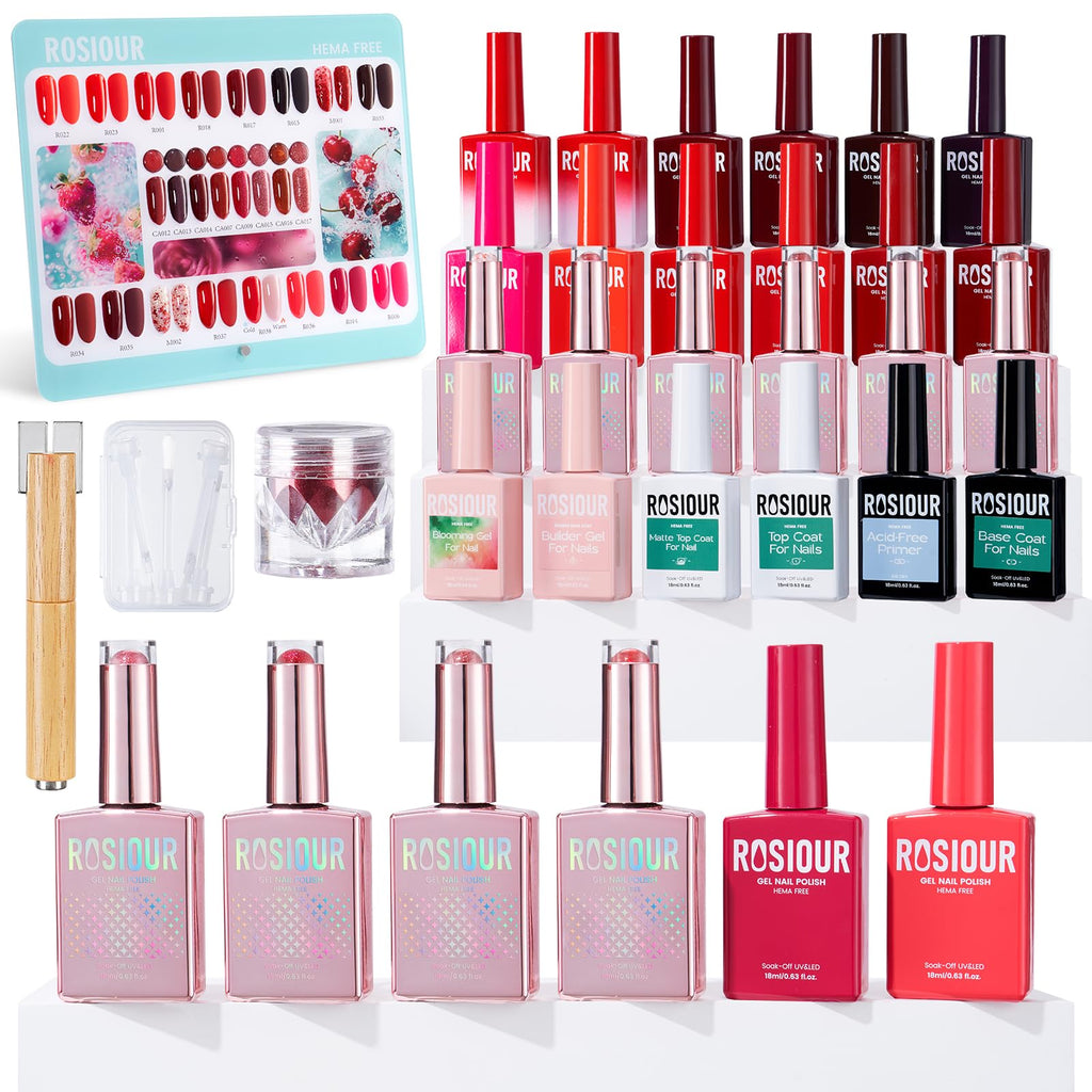 Rosiour HEMA/TPO-Free Fall Winter Gel Nail Polish Set – 24 × 18ml Red Cat Eye & Burgundy Glitter with Matte & Glossy Base, Primer & Blooming Builder