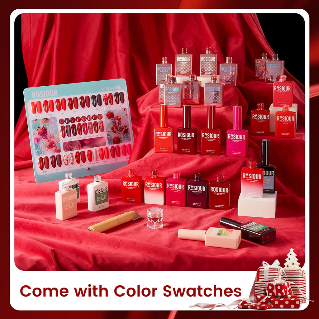 Rosiour HEMA/TPO-Free Fall Winter Gel Nail Polish Set – 24 × 18ml Red Cat Eye & Burgundy Glitter with Matte & Glossy Base, Primer & Blooming Builder