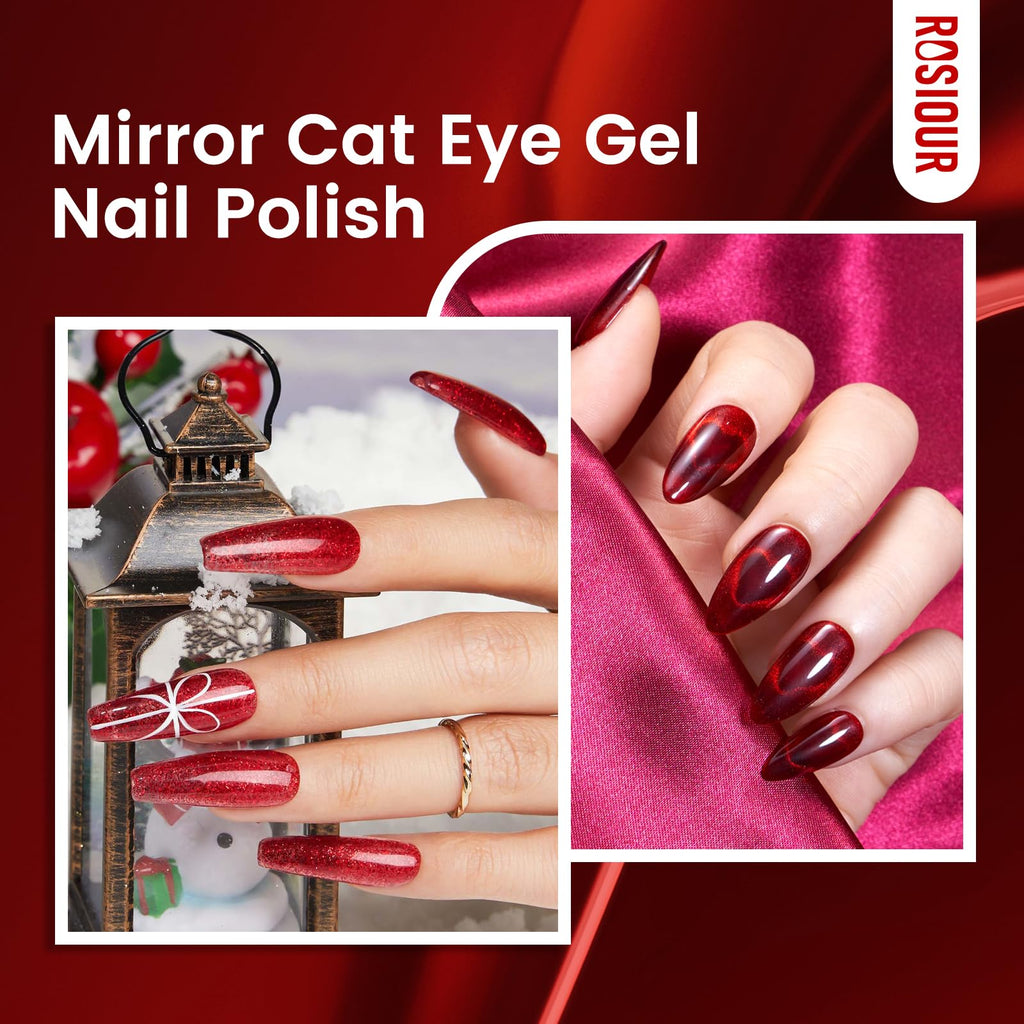 Rosiour HEMA/TPO-Free Fall Winter Gel Nail Polish Set – 24 × 18ml Red Cat Eye & Burgundy Glitter with Matte & Glossy Base, Primer & Blooming Builder