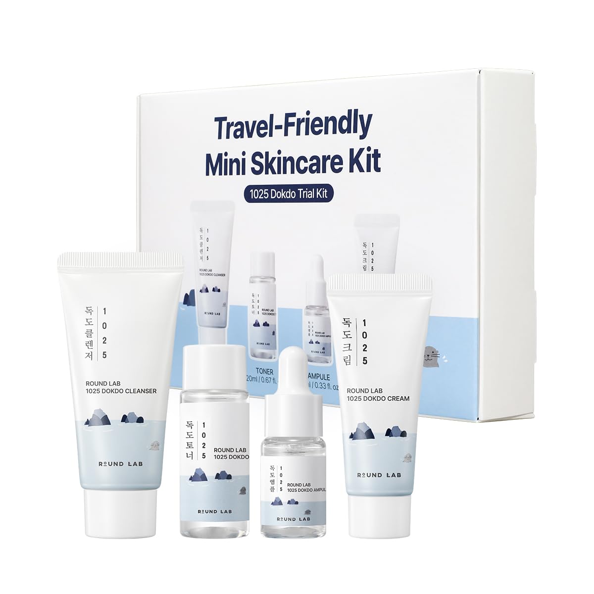 ROUND LAB 1025 Dokdo Hydrating Mini Size Kit – 4-Step Travel Skincare Set (Cleanser, Toner, Ampule, Cream)