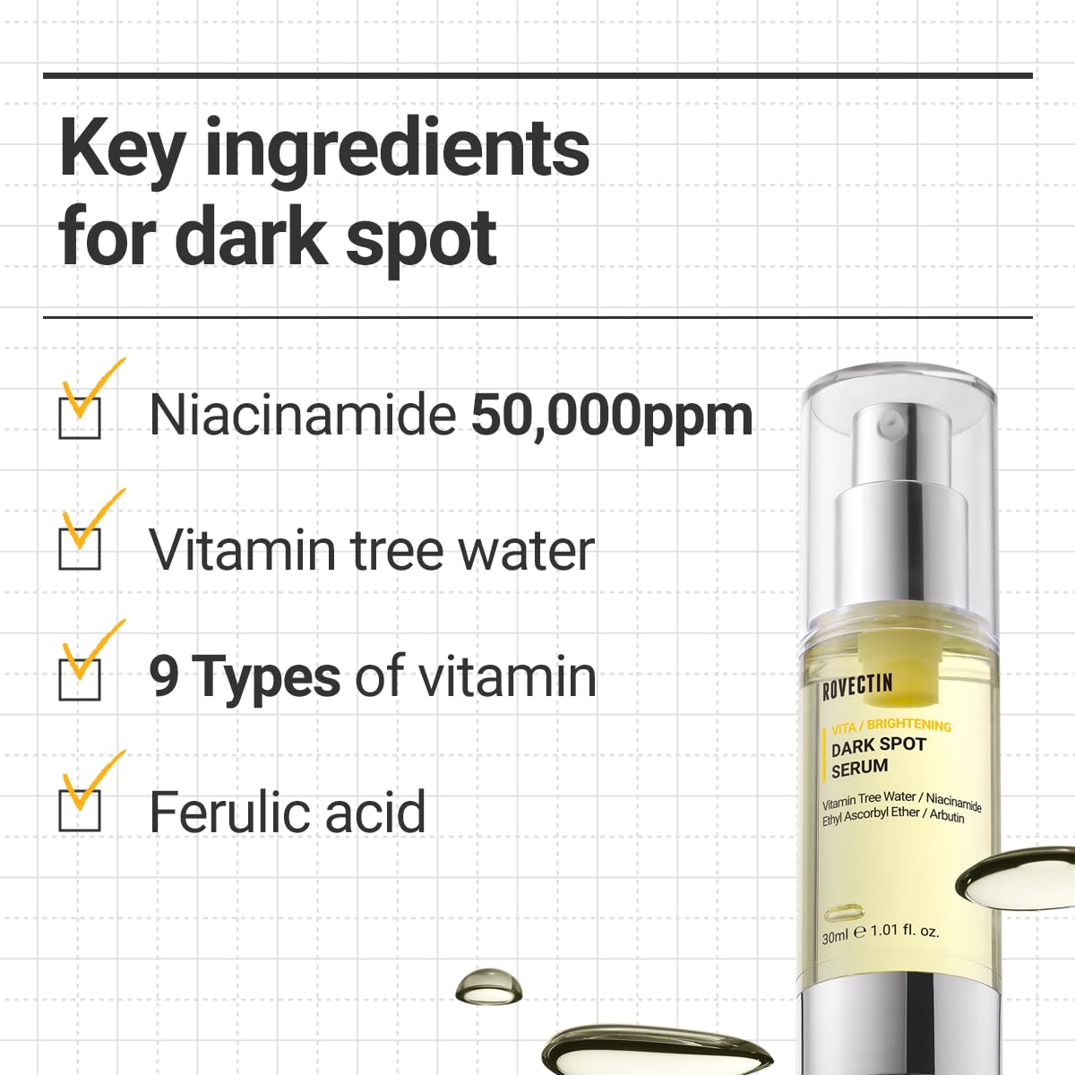 ROVECTIN Vita Dark Spot Serum – Brightening Vitamin C & Niacinamide, Vegan & Gentle, 1.01 fl oz