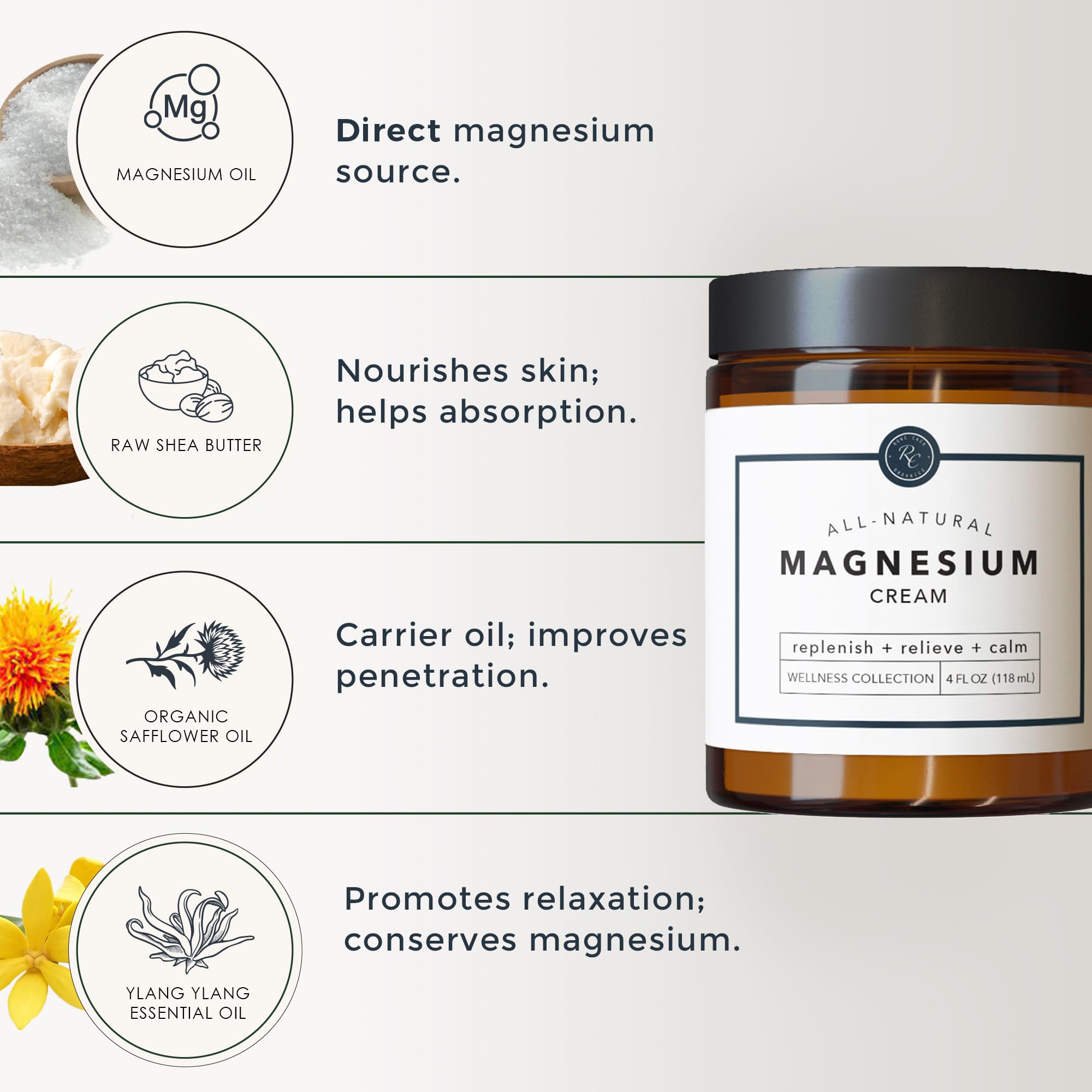 Rowe Casa Organics Magnesium Cream with Raw Shea Butter & Essential Oils – Sleep, Muscles & Relaxation (4 Fl Oz)