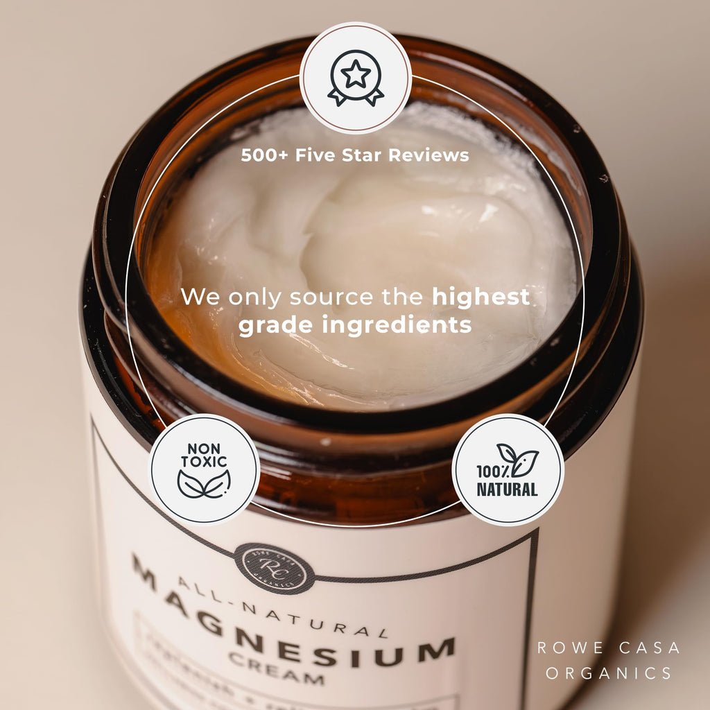 Rowe Casa Organics Magnesium Cream with Raw Shea Butter & Essential Oils – Sleep, Muscles & Relaxation (4 Fl Oz)