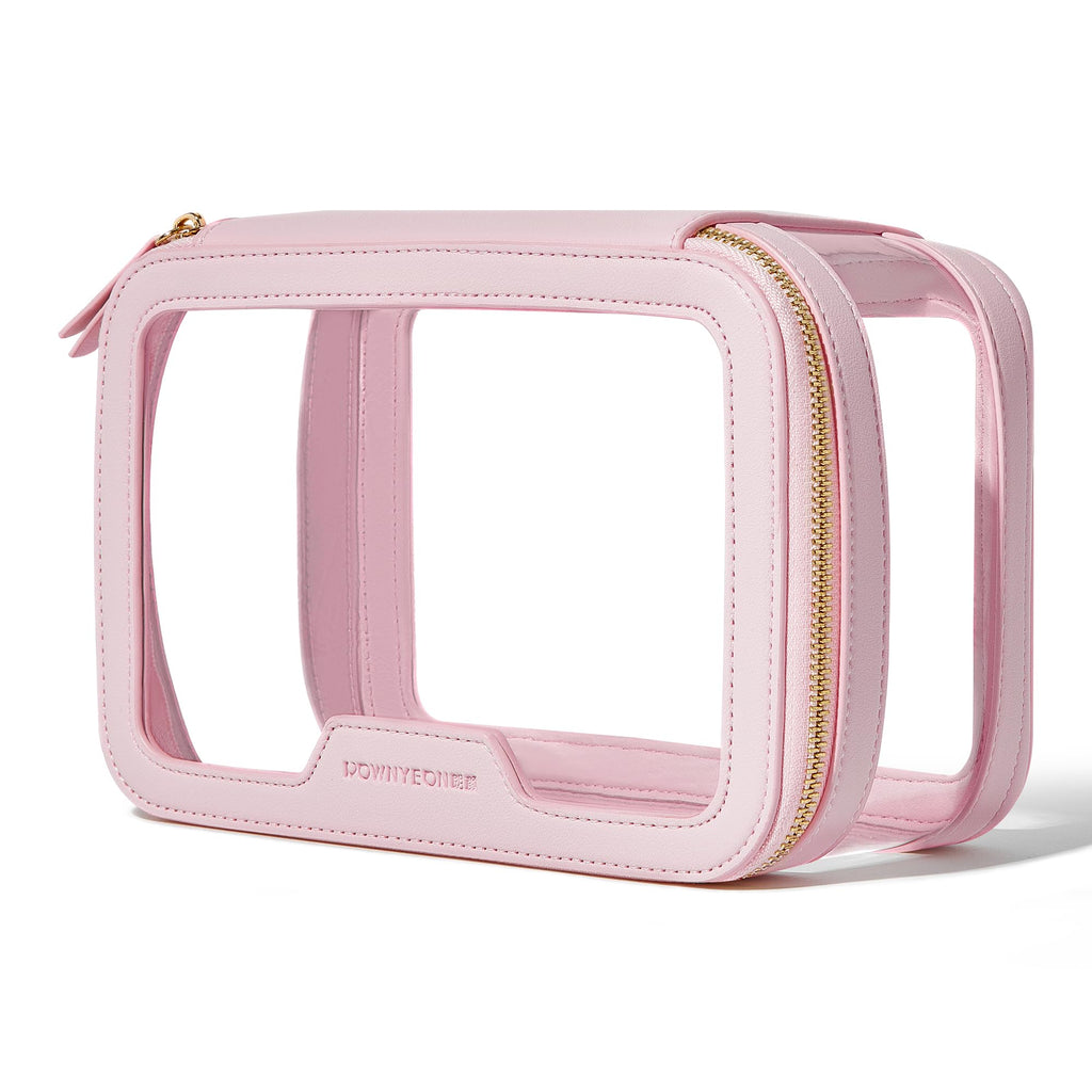 ROWNYEON Clear Makeup Bag - PVC Clear Toiletry Bag for Women, Waterproof Faux Leather, Large Opening, Gold Zippers