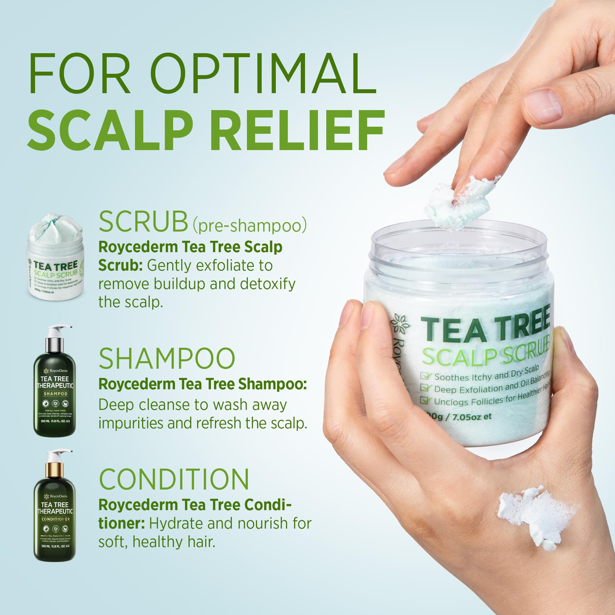 Roycederm Tea Tree Scalp Scrub with Scalp Massager Brush – Deep Cleansing Pre-Shampoo Treatment