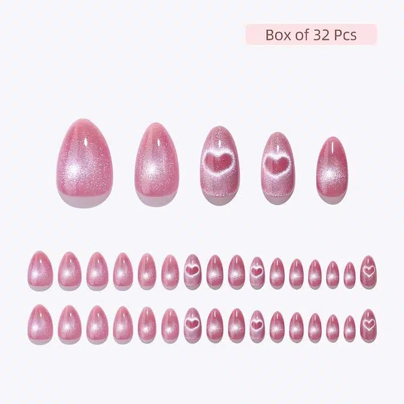 RPNZL Love Beam Press On Nails – Heart Cat Eye, UV Finish Almond, 32 Nails Kit