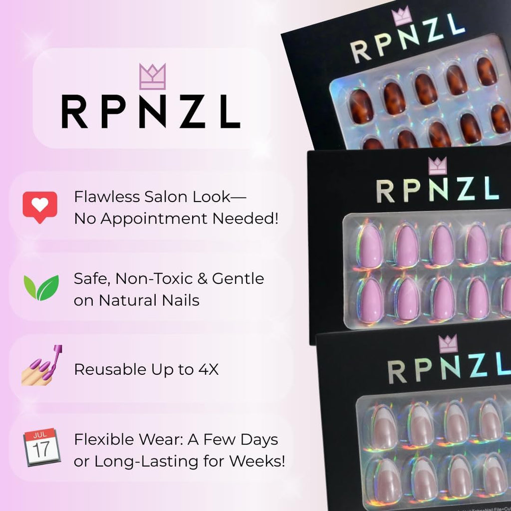 RPNZL Athena Press On Nails – Ombre French Tip with 3D Gold Design | Medium Almond UV Finish, 32 Nails Kit