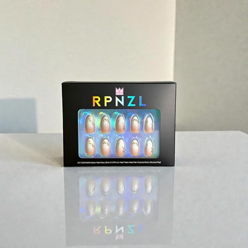 RPNZL Athena Press On Nails – Ombre French Tip with 3D Gold Design | Medium Almond UV Finish, 32 Nails Kit