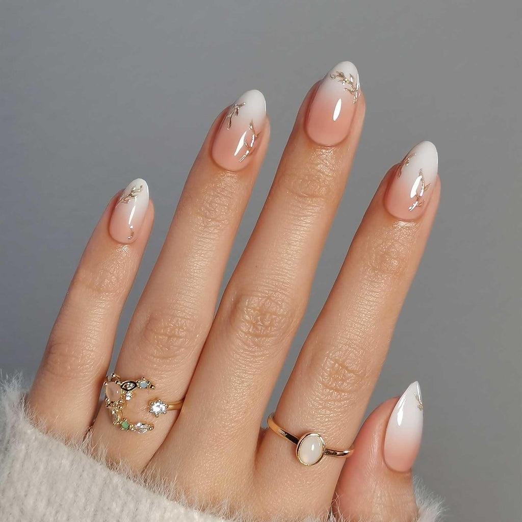 RPNZL Athena Press On Nails – Ombre French Tip with 3D Gold Design | Medium Almond UV Finish, 32 Nails Kit