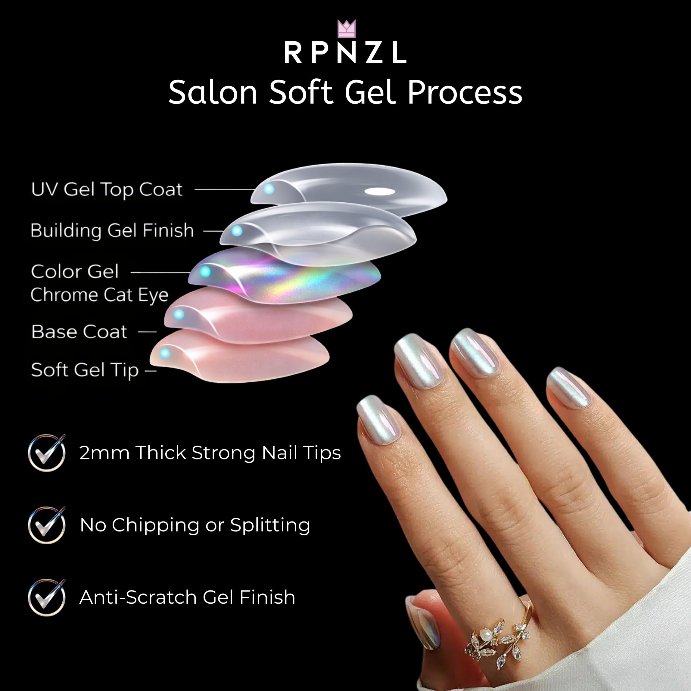 RPNZL Press On Nails - Opal Chrome Cateye High Gloss Square | 32 Nails, 16 Sizes, Glue & Tabs