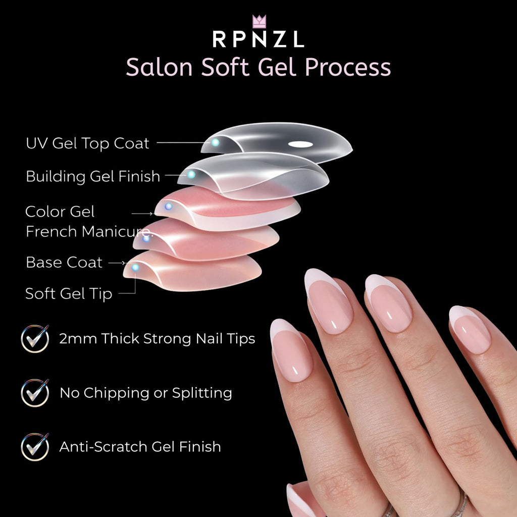 RPNZL Paris Press On Nails – White French Tip, Short Almond, Salon-Quality Kit (32 Nails, 16 Sizes, Glue & Tabs)