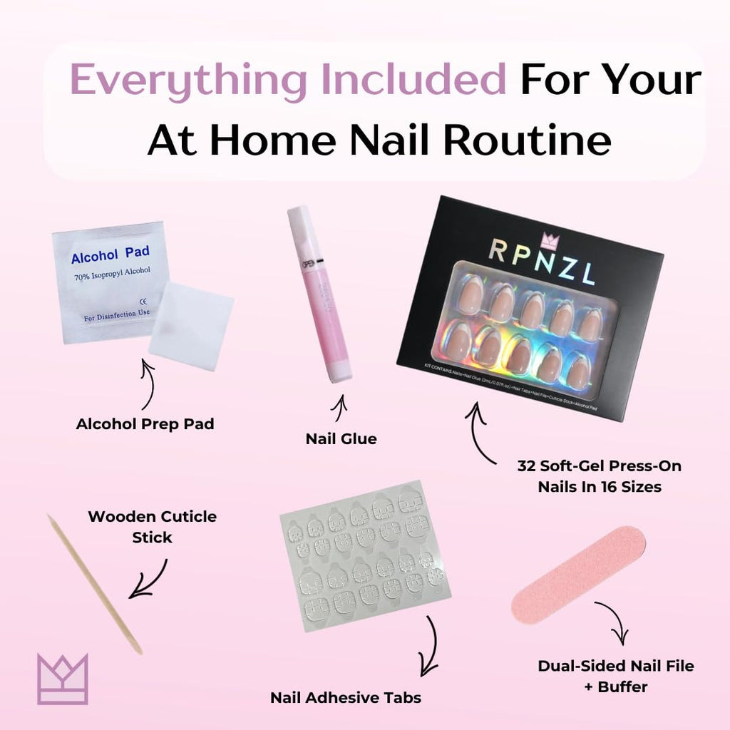 RPNZL Paris Press On Nails – White French Tip, Short Almond, Salon-Quality Kit (32 Nails, 16 Sizes, Glue & Tabs)