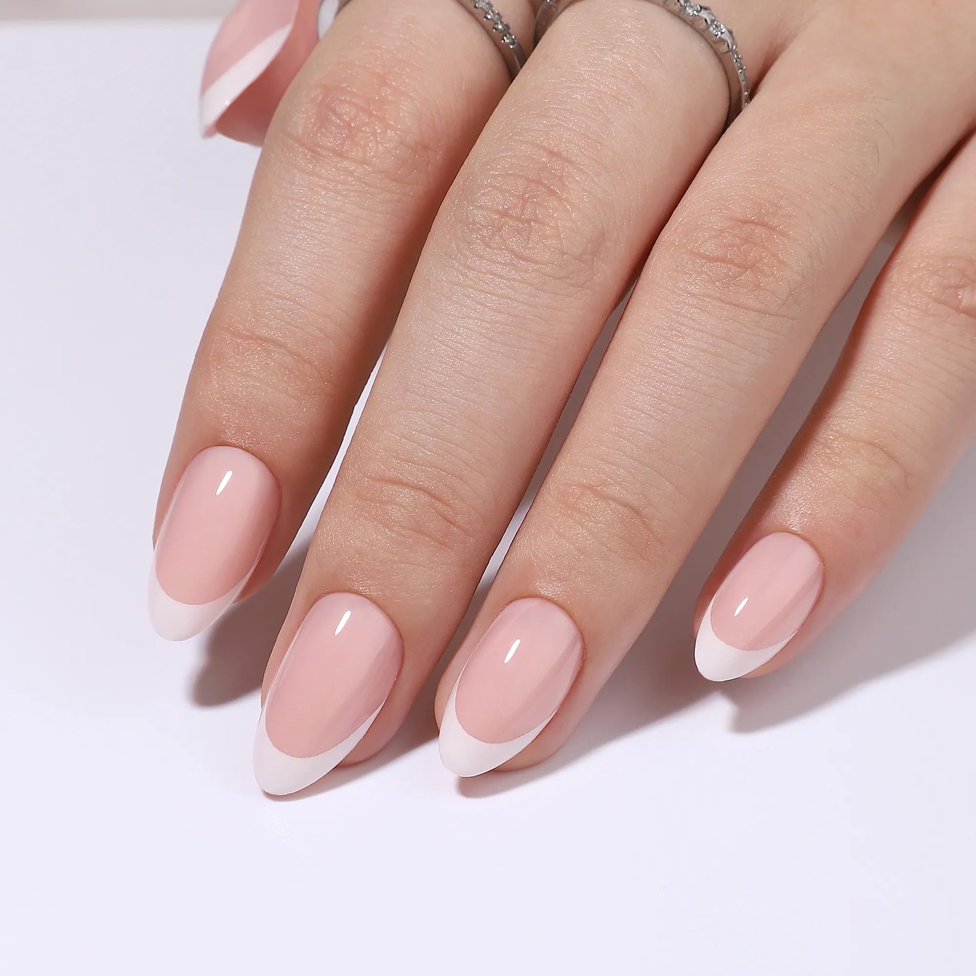 RPNZL Paris Press On Nails – White French Tip, Short Almond, Salon-Quality Kit (32 Nails, 16 Sizes, Glue & Tabs)