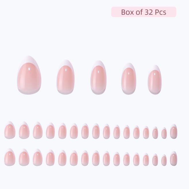 RPNZL Paris Press On Nails – White French Tip, Short Almond, Salon-Quality Kit (32 Nails, 16 Sizes, Glue & Tabs)