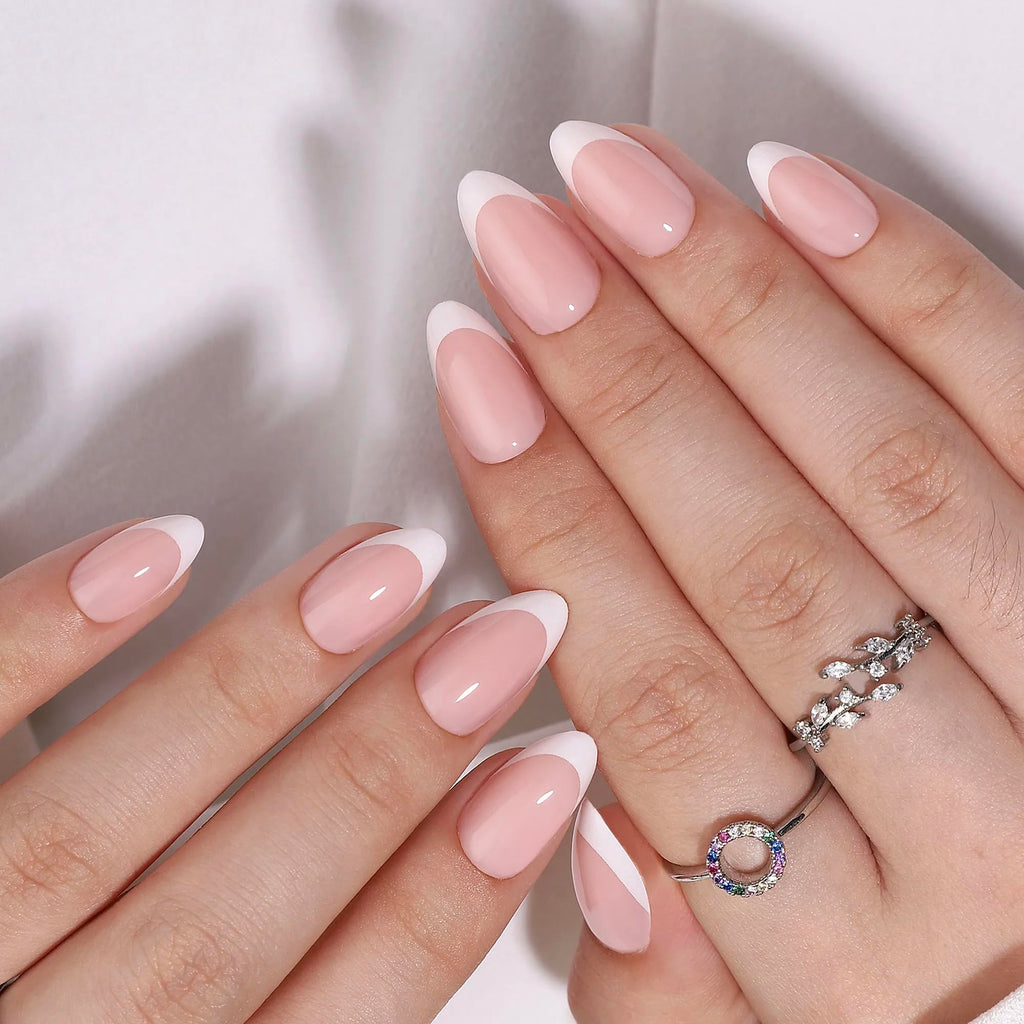 RPNZL Paris Press On Nails – White French Tip, Short Almond, Salon-Quality Kit (32 Nails, 16 Sizes, Glue & Tabs)