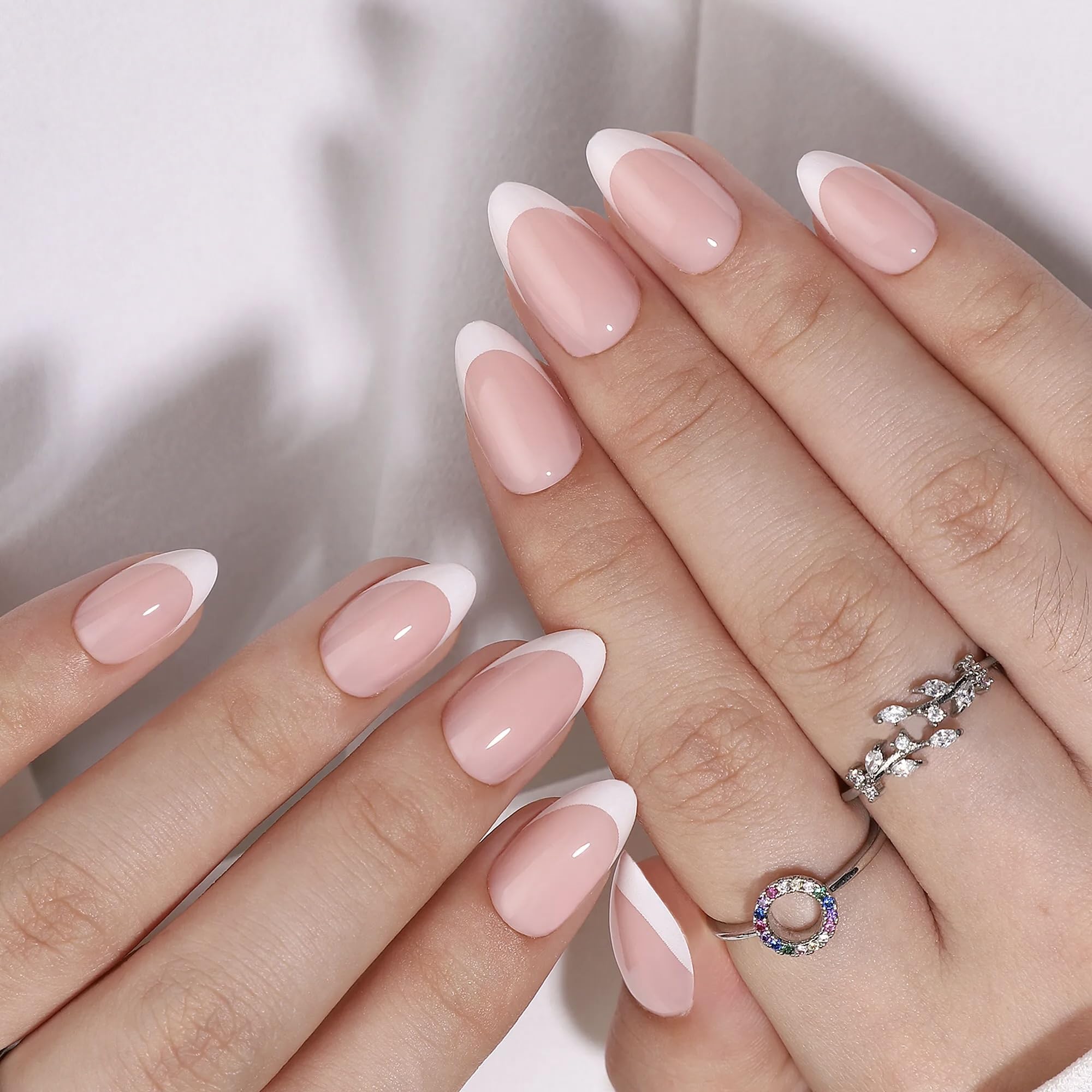 RPNZL Paris Press On Nails – White French Tip, Short Almond, Salon-Quality Kit (32 Nails, 16 Sizes, Glue & Tabs)