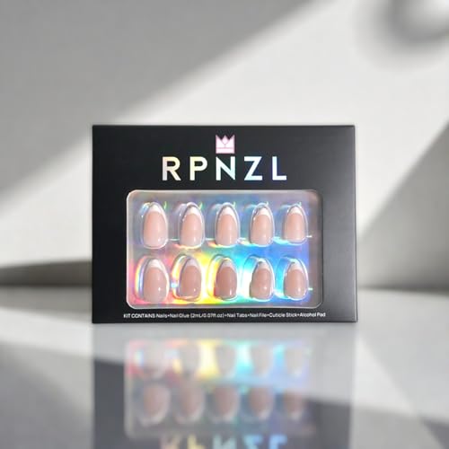 RPNZL Paris Press On Nails – White French Tip, Short Almond, Salon-Quality Kit (32 Nails, 16 Sizes, Glue & Tabs)