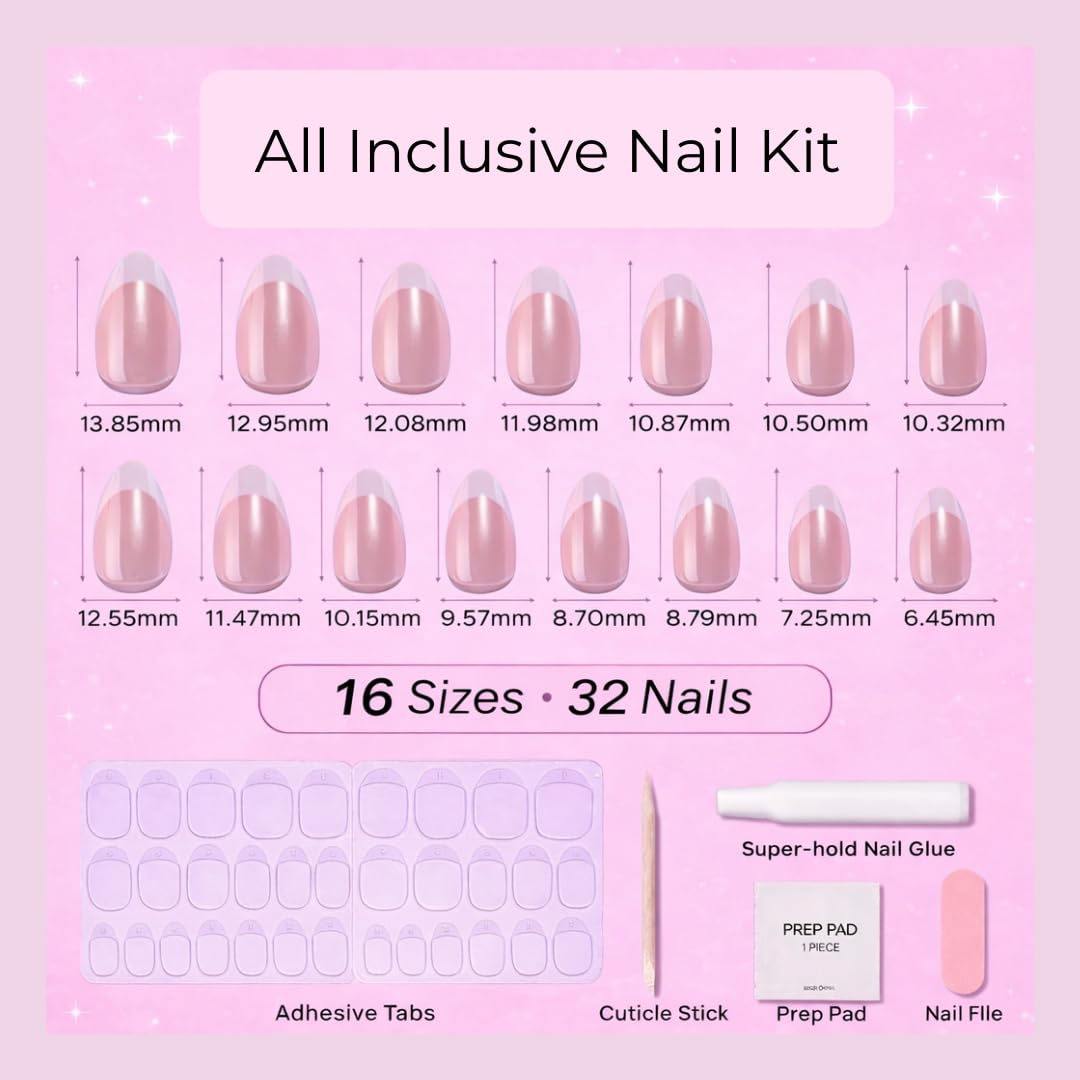 RPNZL Press On Nails - Pearl | Bubble Bath Medium Almond, Reusable Salon-Quality Kit (32 Nails, 16 Sizes)