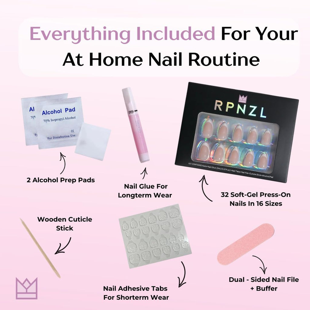 RPNZL Press On Nails – Ivory French Tip, Medium Square, UV Finish, 32 Nails Kit