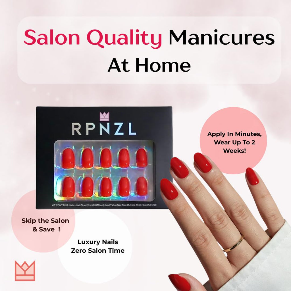 RPNZL Scarlett Press On Nails – Opaque Red Short Squoval, Salon-Quality Kit (32 Nails, 16 Sizes) with Glue & Tabs