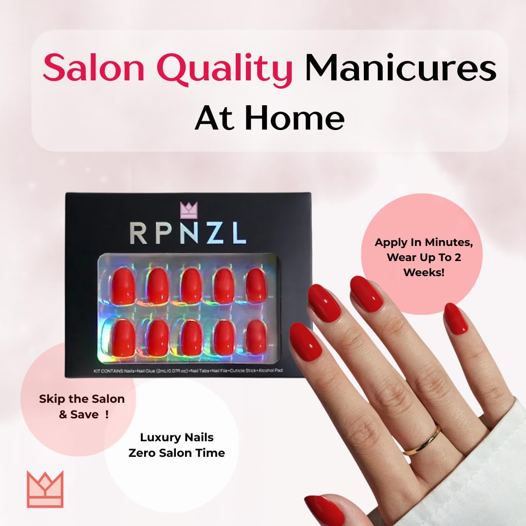RPNZL Scarlett Press On Nails – Opaque Red Short Squoval, Salon-Quality Kit (32 Nails, 16 Sizes) with Glue & Tabs
