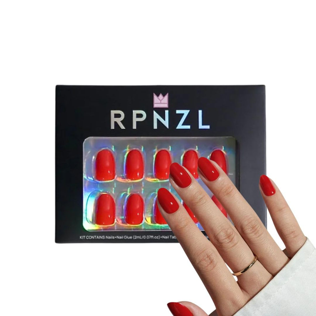 RPNZL Scarlett Press On Nails – Opaque Red Short Squoval, Salon-Quality Kit (32 Nails, 16 Sizes) with Glue & Tabs