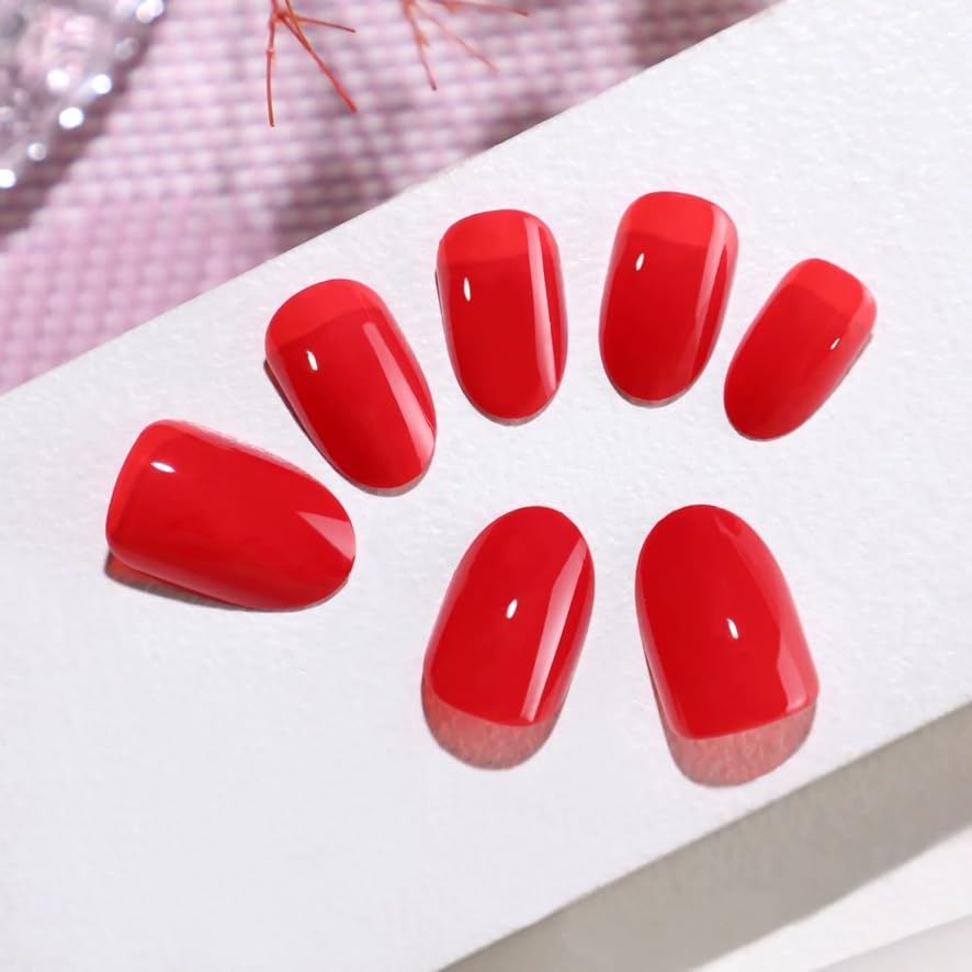RPNZL Scarlett Press On Nails – Opaque Red Short Squoval, Salon-Quality Kit (32 Nails, 16 Sizes) with Glue & Tabs