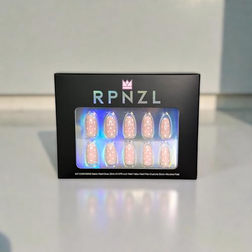 RPNZL Press On Nails - Sugar Pink Polka Dot UV Finish Almond Nails, 32 Nails, 16 Sizes, Glue & Tabs