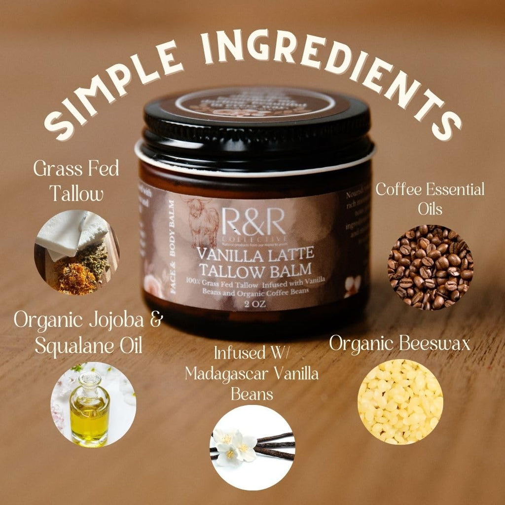 R&R Collective Vanilla Latte Tallow Face Moisturizer – Grass-Fed Beef Tallow Balm with Coffee & Vanilla for Dry & Sensitive Skin