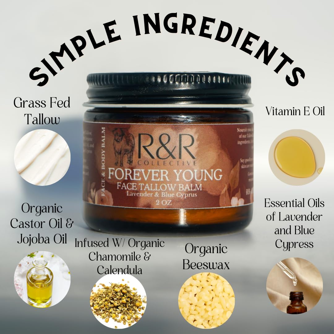 R&R Collective Forever Young Tallow Face Moisturizer – 2 oz, 100% Grass-Fed Whipped Balm with Blue Cypress