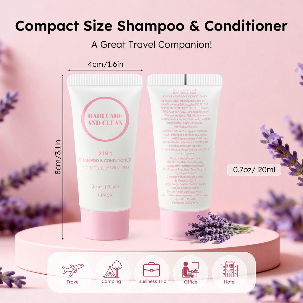 RSQAZQ 2-in-1 Travel Shampoo & Conditioner — 60 Tubes (0.7 oz) for Hotels, Shelters & Charities