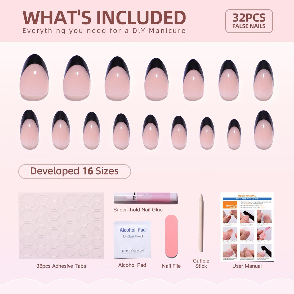 RTKHFZE Short Press On Nails – French Tip Almond, Soft Gel, 32 Nails Kit (16 Sizes) | Black French