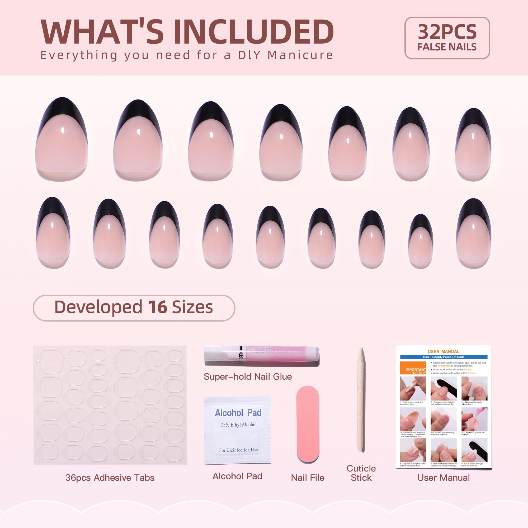 RTKHFZE Short Press On Nails – French Tip Almond, Soft Gel, 32 Nails Kit (16 Sizes) | Black French