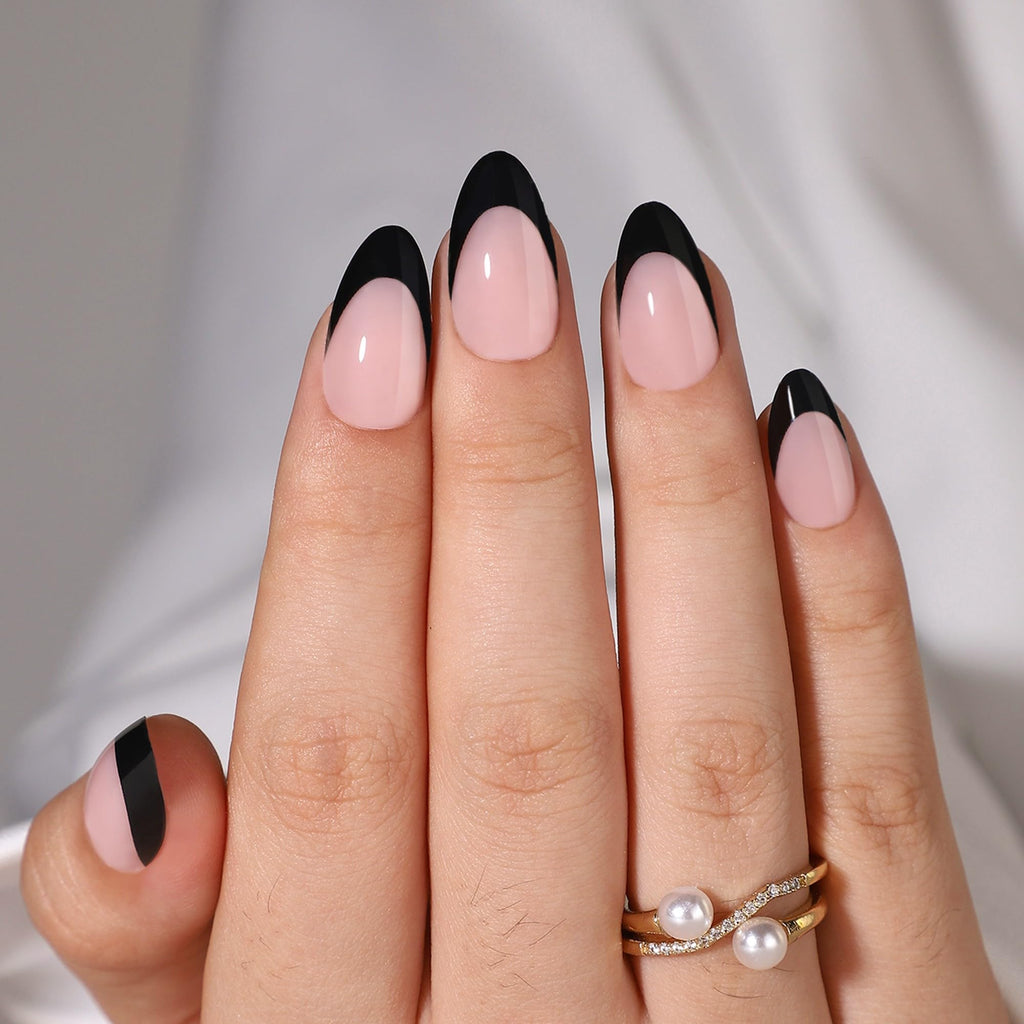 RTKHFZE Short Press On Nails – French Tip Almond, Soft Gel, 32 Nails Kit (16 Sizes) | Black French